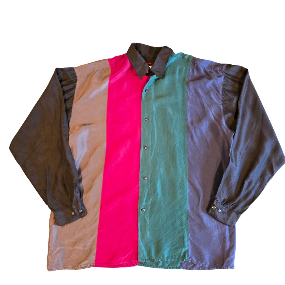 Vintage Freelance 100% Silk Colorblock Button Down Shirt Mens Medium Multicolor
